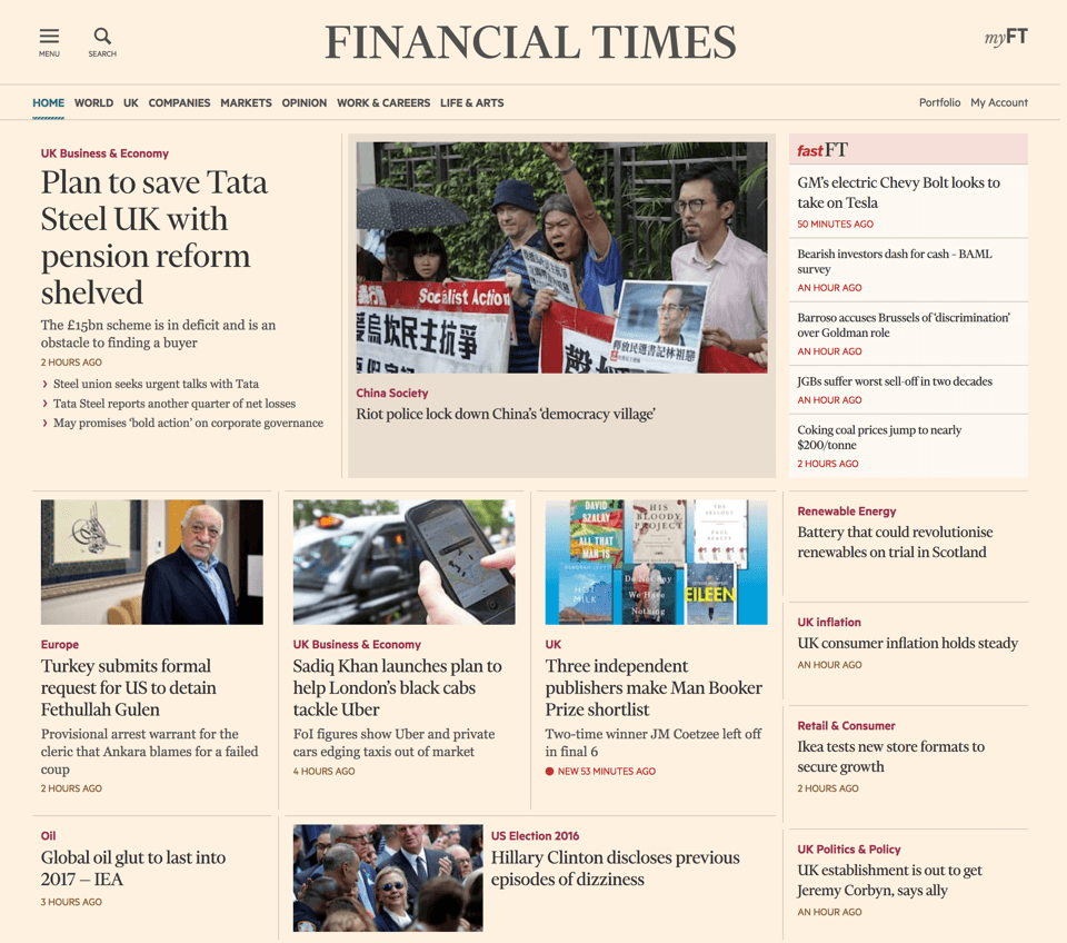 Screenshot of the FT.com front page