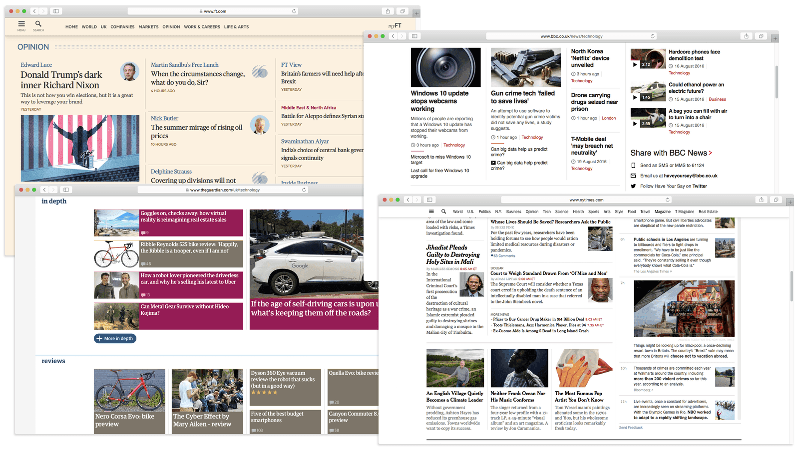 Screenshot of the FT, BBC, Guardian and NYT websites