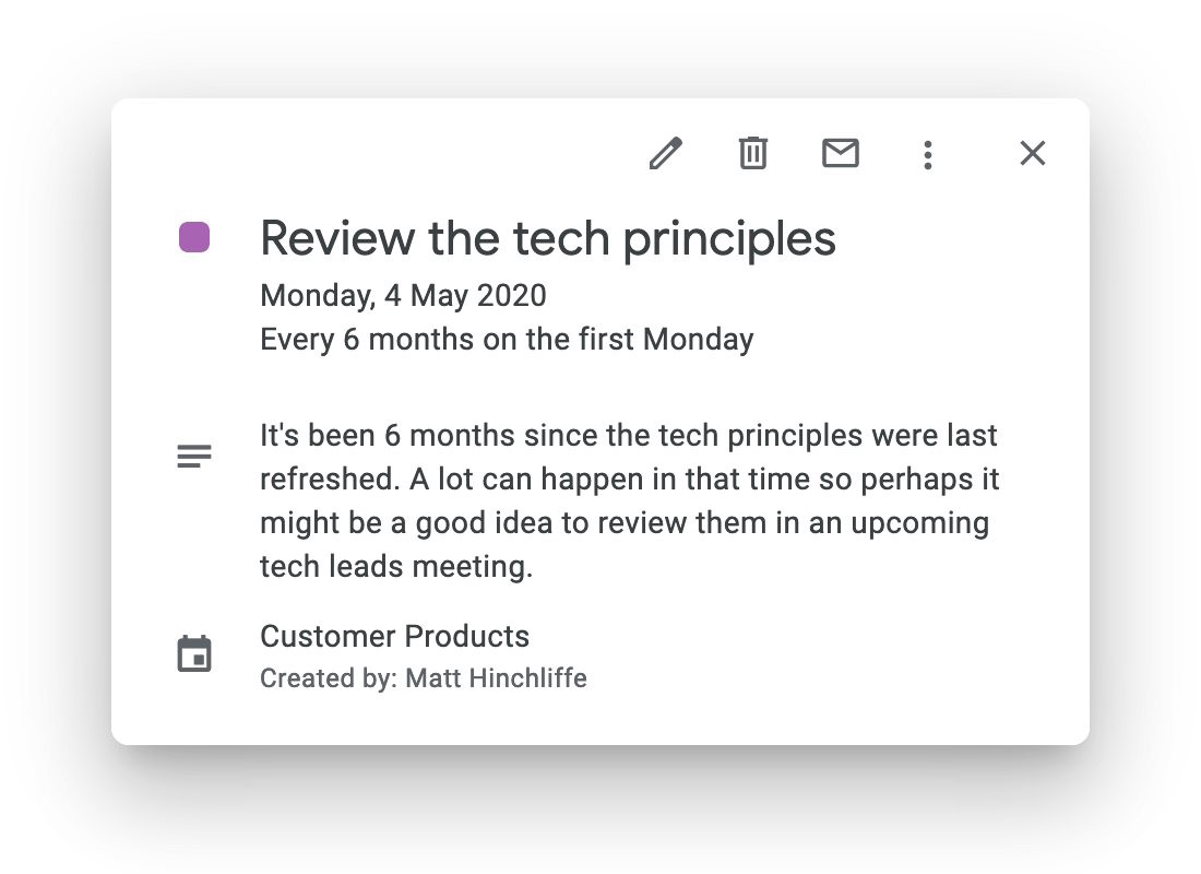A calendar invite with the title "Review the tech principles" dated May 2020